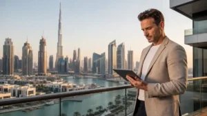Dubai property investors reviewing real estate opportunities on a tablet with the Dubai skyline and Burj Khalifa in the background.