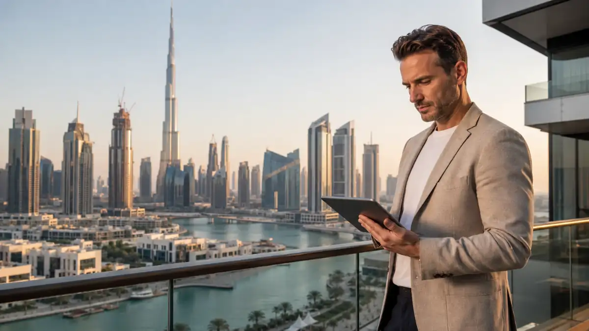 Dubai property investors reviewing real estate opportunities on a tablet with the Dubai skyline and Burj Khalifa in the background.