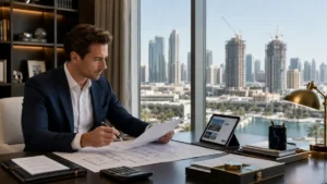 Real estate consultant reviewing architectural plans for a Dubai property off plan investment in a modern office overlooking the Dubai skyline.