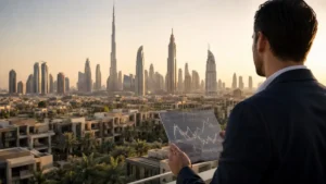Dubai property price trend illustrated by a real estate investor reviewing market data while overlooking Dubai's skyline, highlighting residential property market growth.