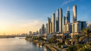Dubai property values showcased by luxury waterfront villas and modern skyscrapers in Dubai's iconic skyline at sunset.