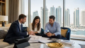 How to buy Dubai property with expert guidance as a real estate agent helps a couple review floor plans in a luxury Dubai apartment overlooking the city skyline.