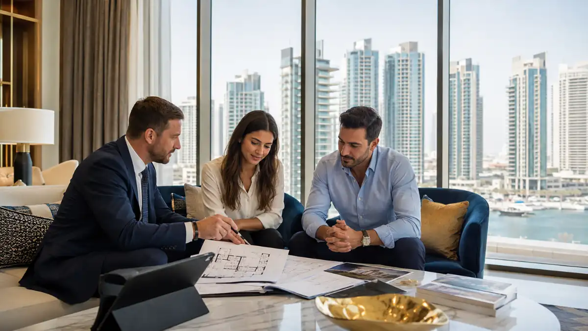 How to buy Dubai property with expert guidance as a real estate agent helps a couple review floor plans in a luxury Dubai apartment overlooking the city skyline.