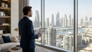 Is it good to invest in real estate in Dubai? A real estate investor reviewing property market data while overlooking Dubai's modern skyline from a luxury apartment.