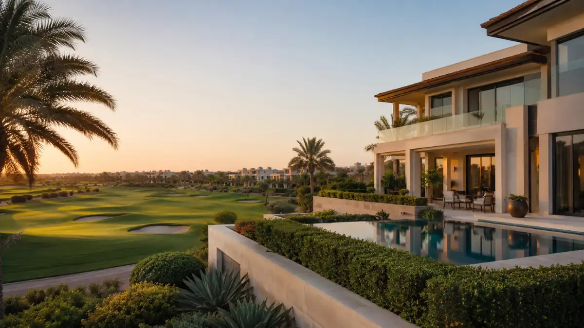 Luxury villa overlooking a championship golf course with a private pool at Jumeirah Golf Estates during sunset.