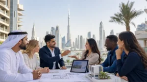 Top 10 nationalities buying property in Dubai – diverse international investors meeting with a real estate agent against the Dubai skyline.