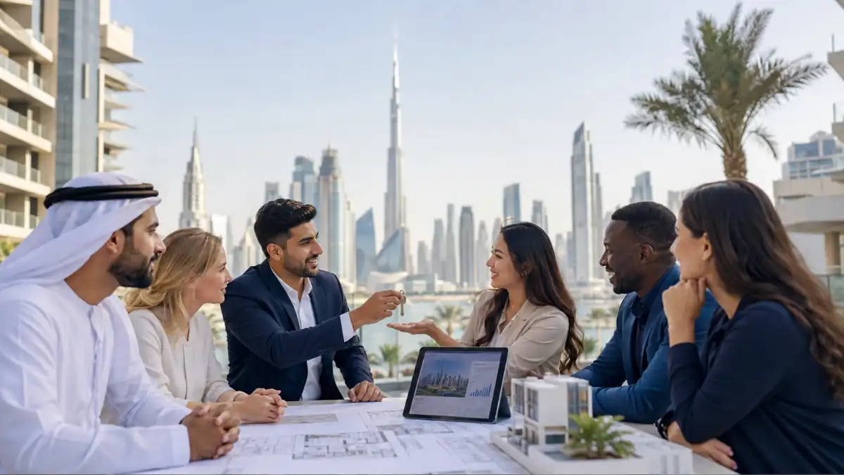 Top 10 nationalities buying property in Dubai – diverse international investors meeting with a real estate agent against the Dubai skyline.