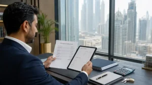 What are the fees when buying property in Dubai? Real estate investor reviewing purchase costs, transfer fees, and property documents in a modern Dubai office overlooking the city skyline.