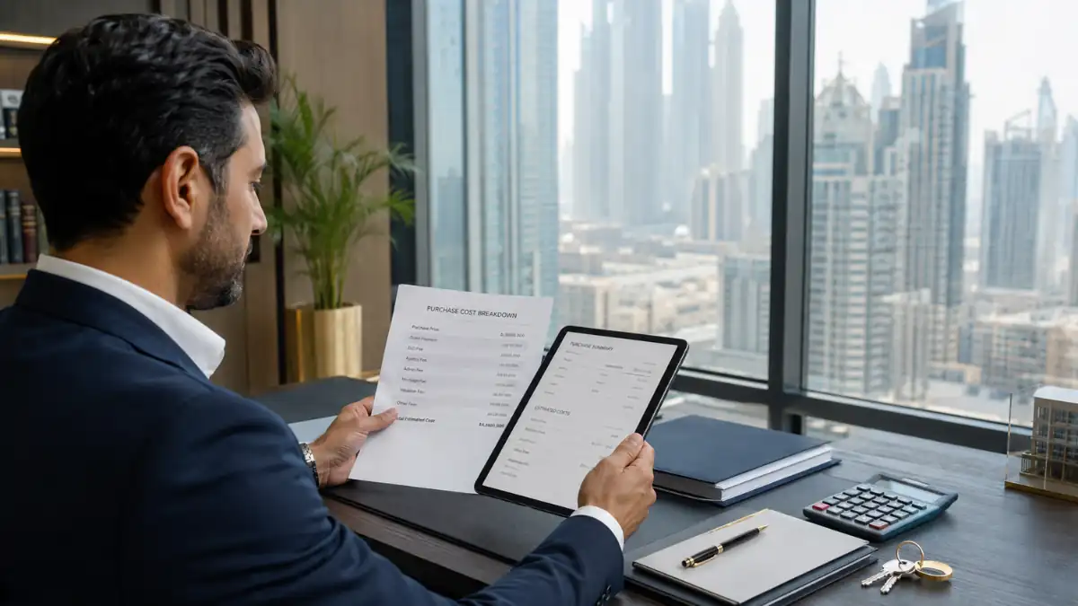 What are the fees when buying property in Dubai? Real estate investor reviewing purchase costs, transfer fees, and property documents in a modern Dubai office overlooking the city skyline.
