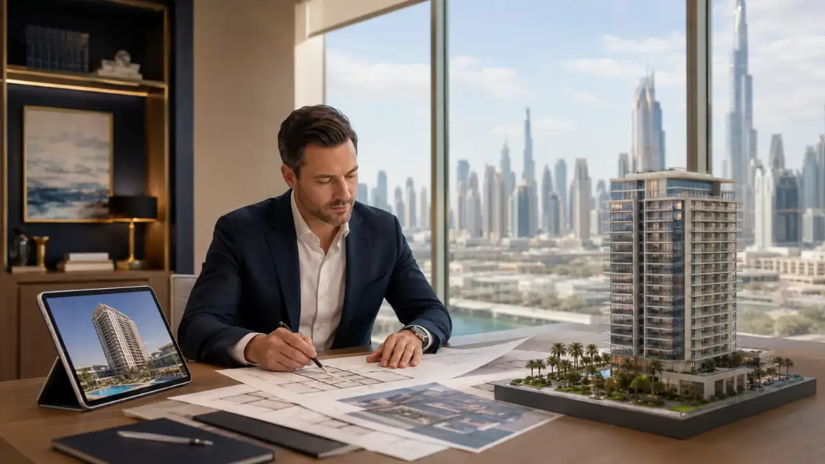 What is off plan property Dubai: real estate investor reviewing off-plan apartment development plans with a scale model overlooking the Dubai skyline.