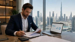 Dubai Mortgage Requirements – professional reviewing mortgage documents and financial calculations with Dubai skyline in the background.