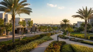 Dubai Mudon residential community with modern villas, landscaped walkways, palm trees and green spaces.