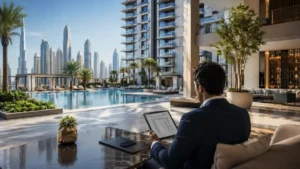 Dubai Property Service Charges reviewed by a property owner overlooking luxury apartments and the Dubai skyline.