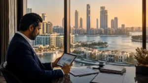 Business professional reviewing real estate market data on a tablet overlooking Dubai Marina skyline, representing Dubai property investments and luxury waterfront investment opportunities.