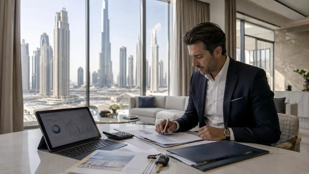 Business professional reviewing Dubai property mortgage documents in a luxury apartment overlooking the Dubai skyline and Burj Khalifa.
