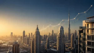 Dubai property price index growth illustrated over the Dubai skyline, featuring Burj Khalifa and rising real estate market trends.