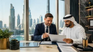 Dubai property sale consultation between a real estate agent and client reviewing property documents in a luxury office overlooking the Dubai skyline.