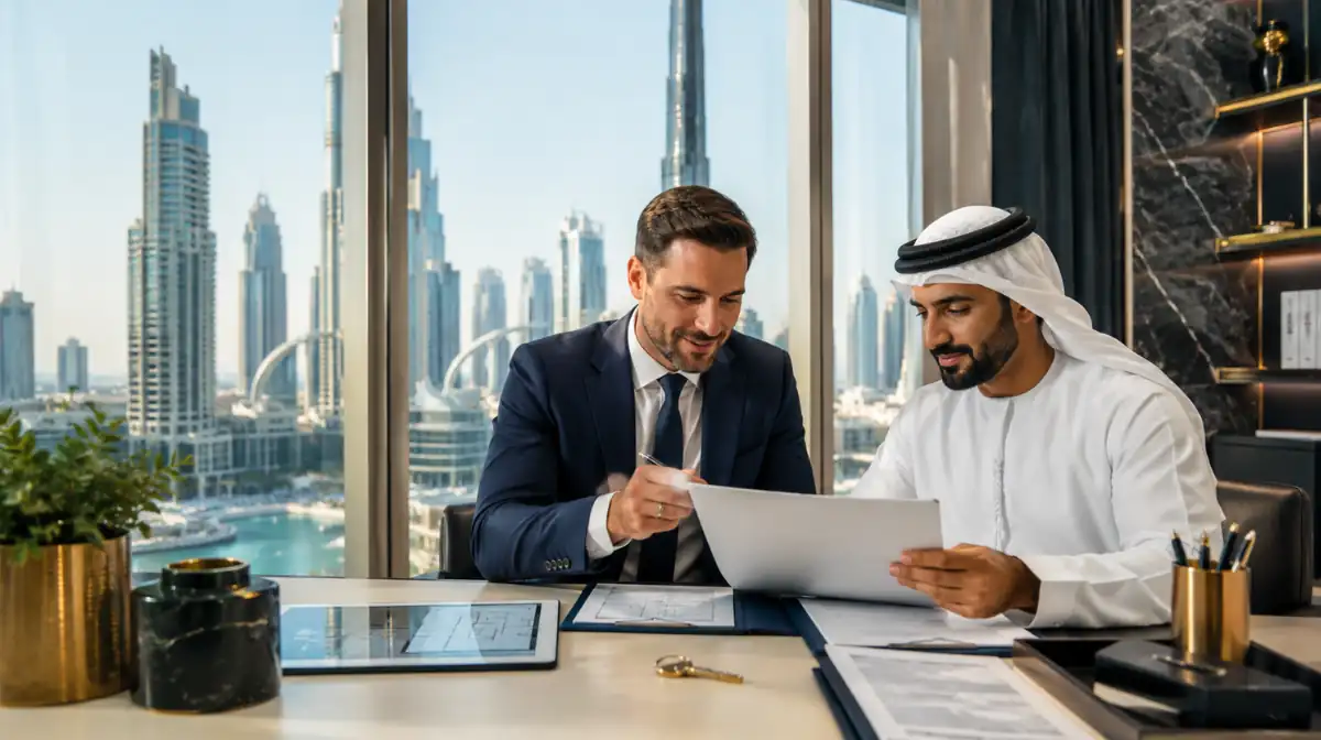 Dubai property sale consultation between a real estate agent and client reviewing property documents in a luxury office overlooking the Dubai skyline.