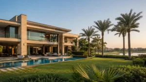 Luxury contemporary villa in Emirates Hills featuring floor-to-ceiling glass, landscaped gardens, a private swimming pool, and stunning waterfront views.