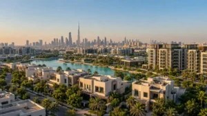 MBR City Dubai featuring luxury villas, waterfront residences and modern apartments with the Dubai skyline and Burj Khalifa in the background.