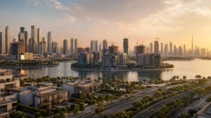 New projects in Dubai featuring modern waterfront apartments, luxury villas and high-rise developments with the Dubai skyline at sunset.