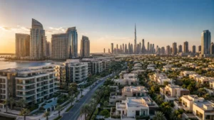 Property for sale Dubai UAE with luxury villas and modern apartments overlooking the iconic Dubai skyline and Burj Khalifa.