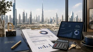 Property tax in Dubai financial planning with investment reports, calculator, and Dubai skyline overlooking the city's real estate market.