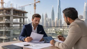 Selling off plan property before completion Dubai – property investors reviewing contracts and development plans for a Dubai real estate project.