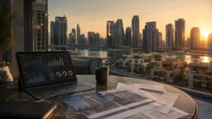 Smart property investments Dubai with real estate analytics, architectural plans and luxury waterfront properties overlooking the city skyline.