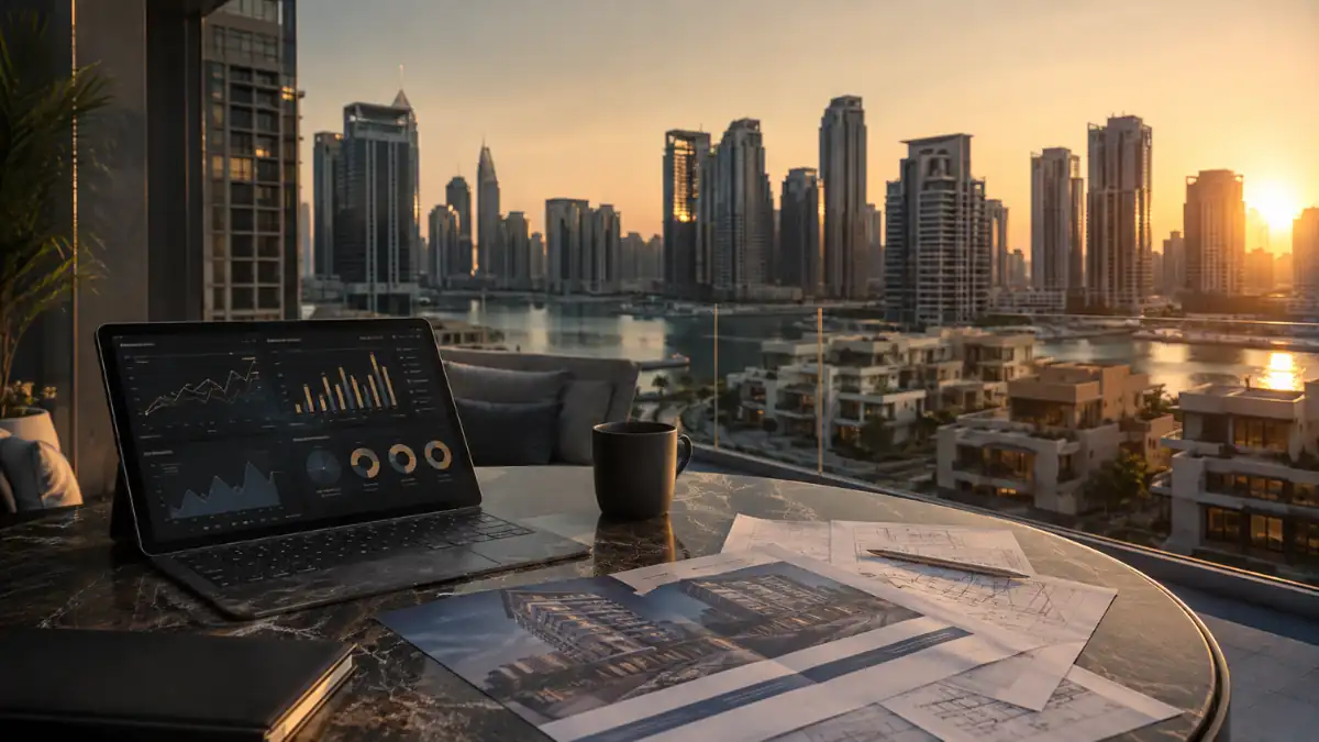 Smart property investments Dubai with real estate analytics, architectural plans and luxury waterfront properties overlooking the city skyline.