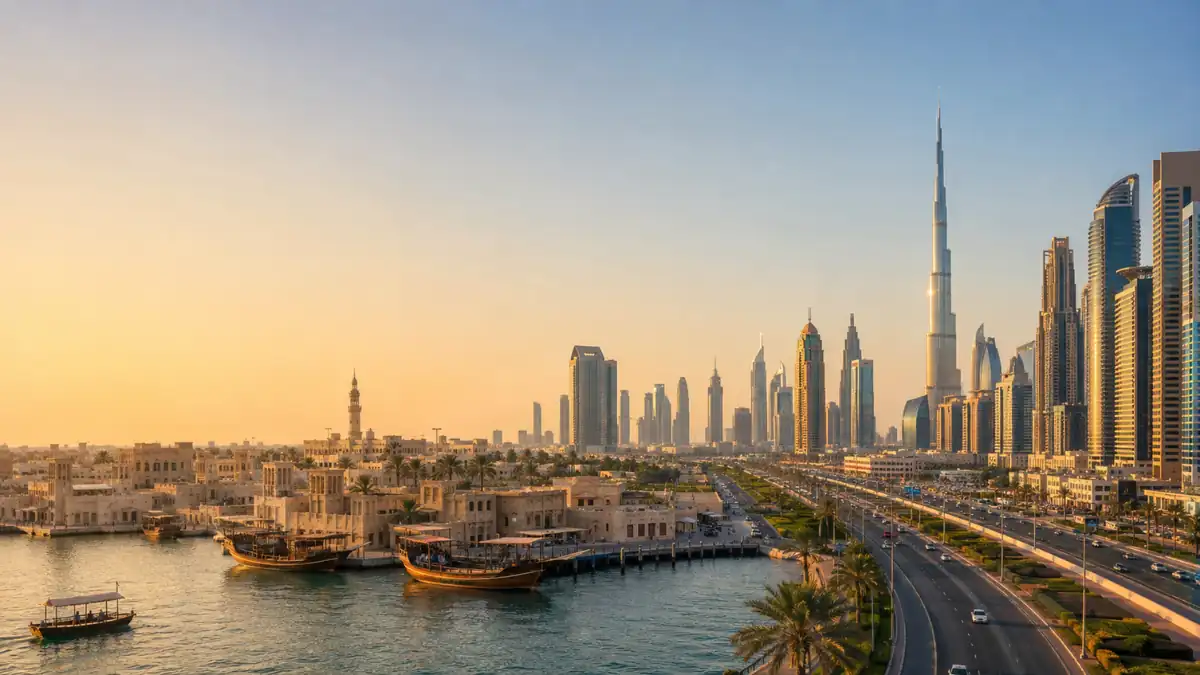 When Dubai was built: historic waterfront architecture contrasts with the modern Dubai skyline and Burj Khalifa at sunset.