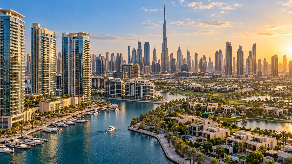 Best place to buy property in Dubai, featuring luxury waterfront residences and the Dubai skyline at sunset.