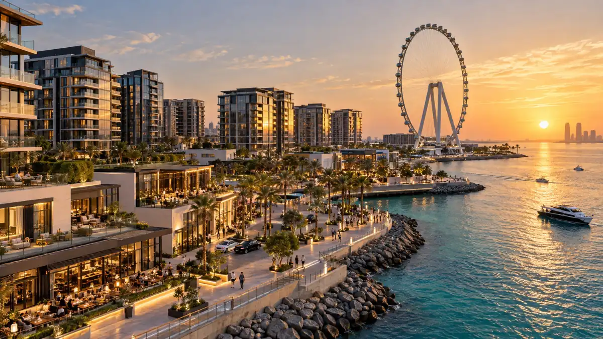 Bluewaters island Dubai waterfront at sunset featuring Ain Dubai, luxury residences, restaurants, palm-lined promenades and Arabian Gulf views.