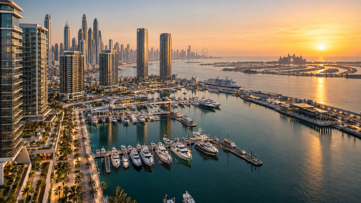 Dubai Harbour at sunset featuring luxury yachts, modern skyscrapers, marina waterfront and views towards Palm Jumeirah.
