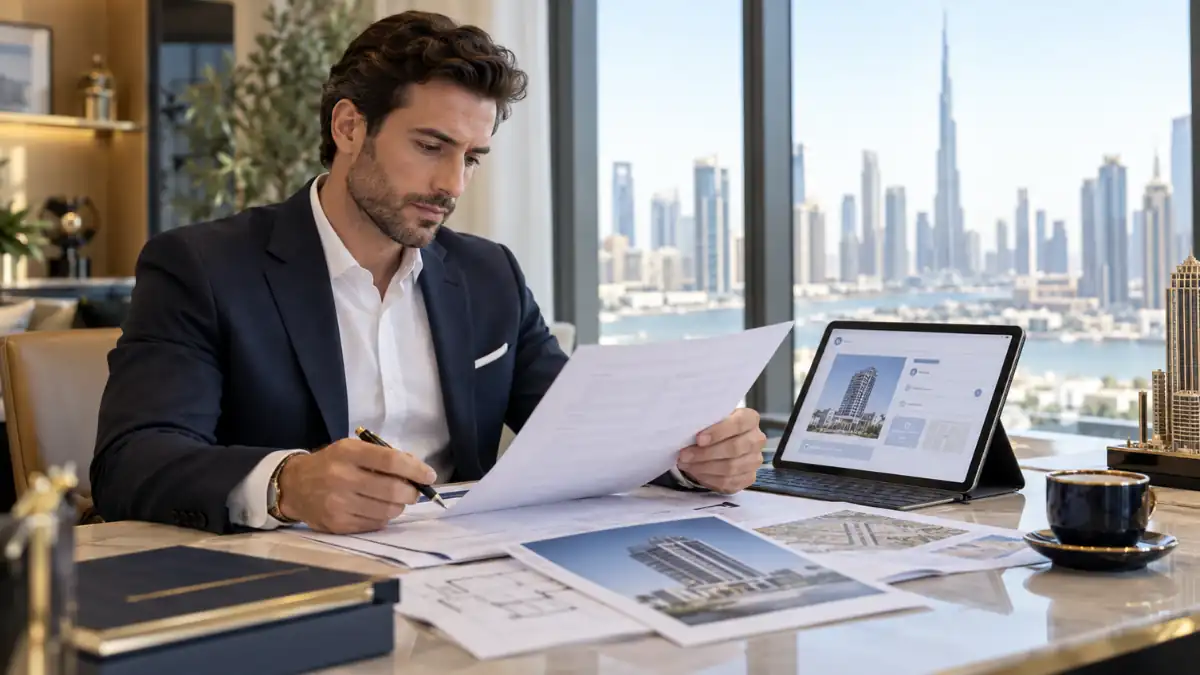 Dubai Oqood Certificate review for an off-plan property purchase, with real estate documents and project details in Dubai.