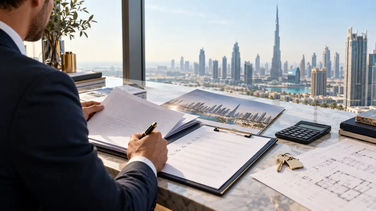 Dubai Property Legal Checklist showing a property professional reviewing legal documents, contracts and plans with the Dubai skyline in the background.