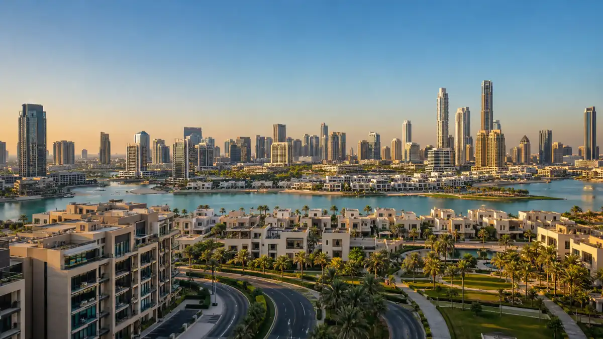 Dubai investment property for sale with luxury waterfront villas, modern apartments and Dubai skyline views.