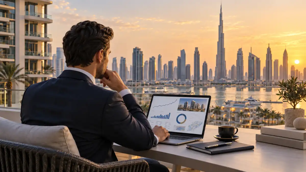 Dubai property market investment advice with an investor analysing real estate data overlooking the Dubai skyline.