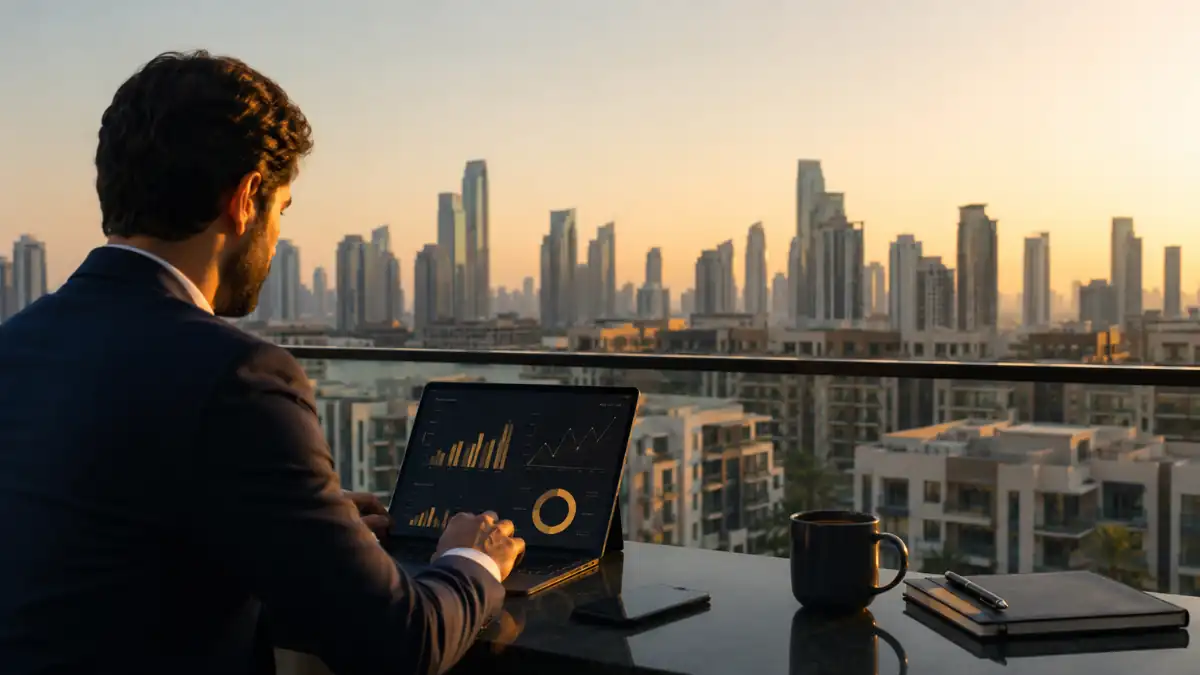 Dubai property return on investment analysis with a real estate investor reviewing market data against the Dubai skyline.