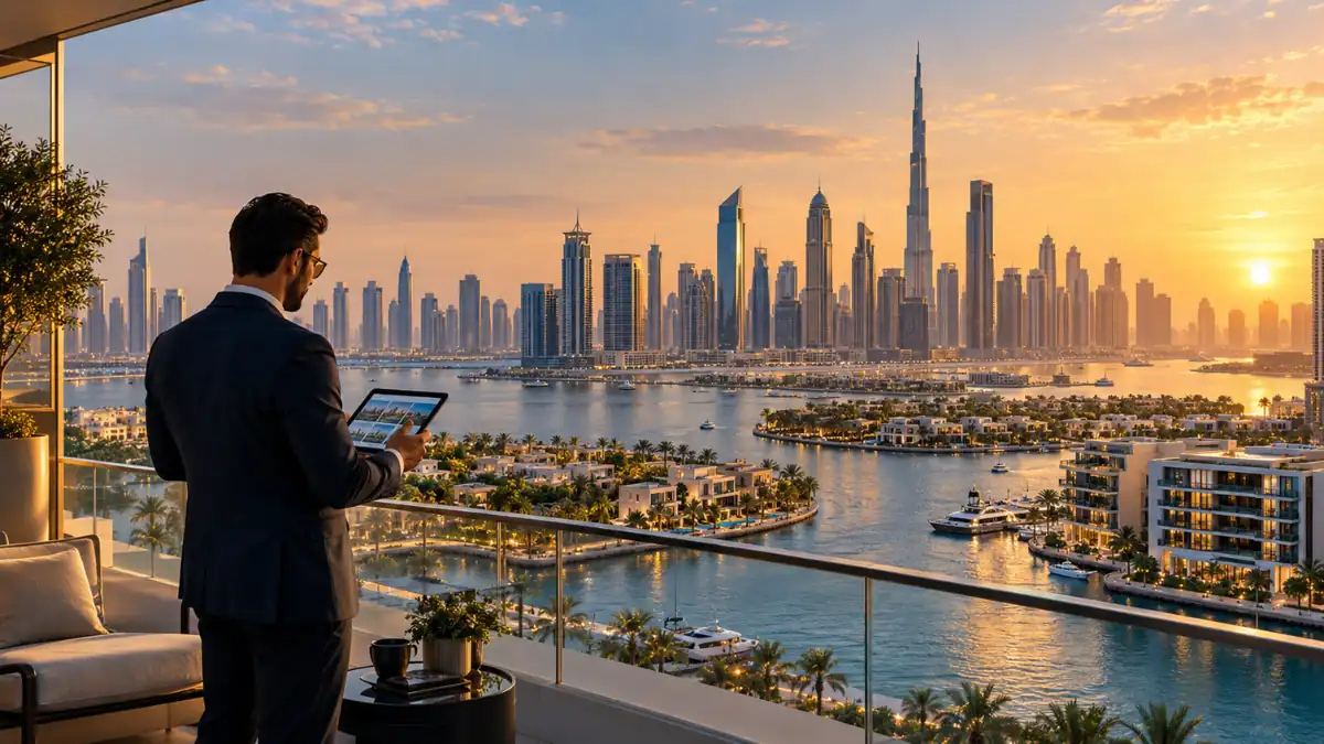 Dubai real estate investment opportunities with an investor overlooking luxury waterfront properties and the Dubai skyline at sunset.