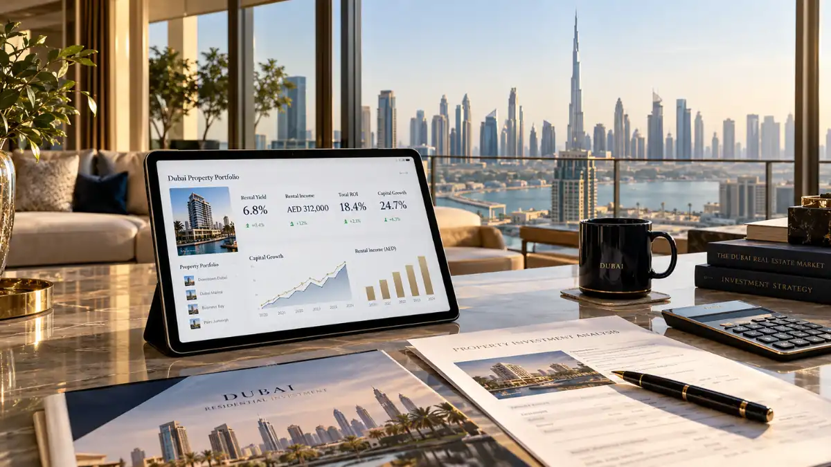 Dubai real estate investment returns dashboard showing rental yields, ROI, capital growth and property performance with the Dubai skyline.