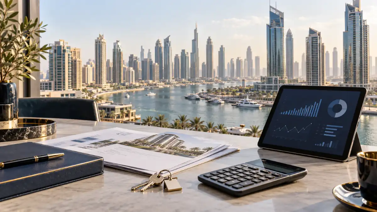 Is There Property Tax in Dubai? Dubai real estate investment analysis with property documents, calculator, and city skyline.