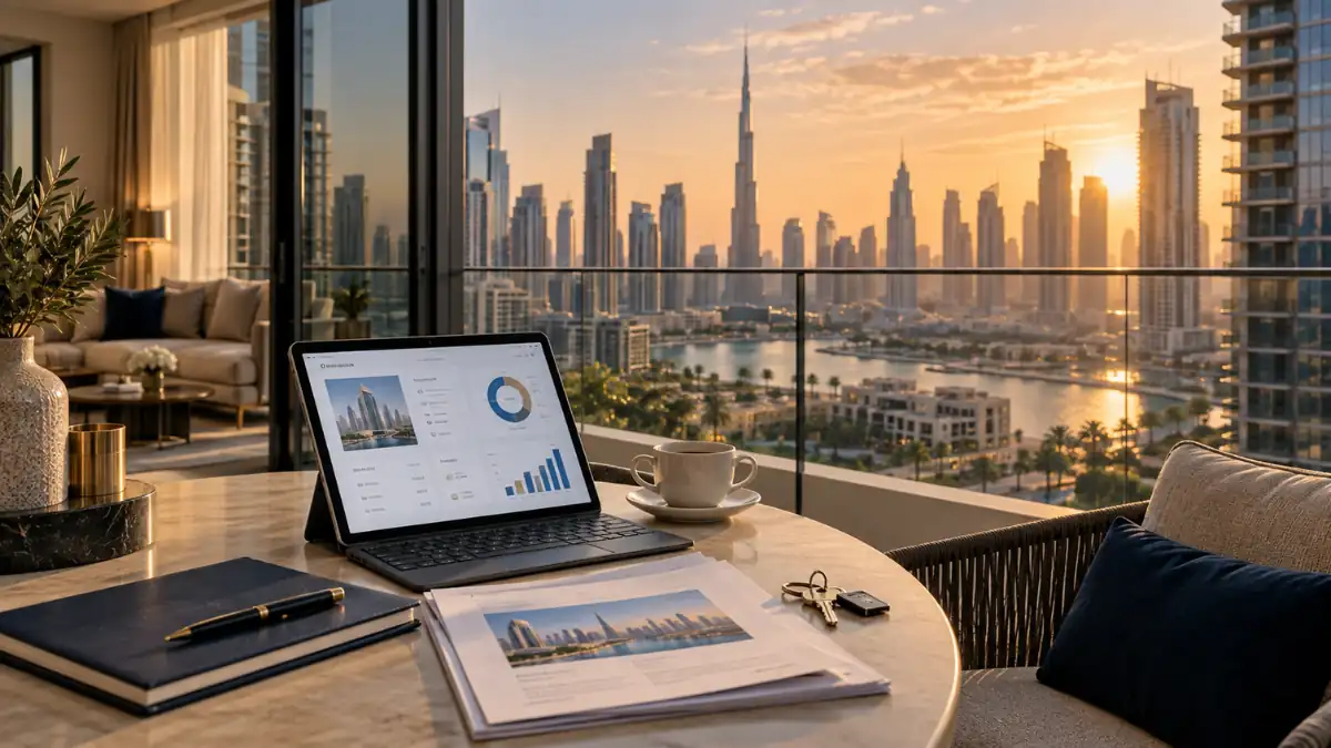 Is it worth buying property in Dubai? Modern luxury apartment overlooking the Dubai skyline and Burj Khalifa at sunset.