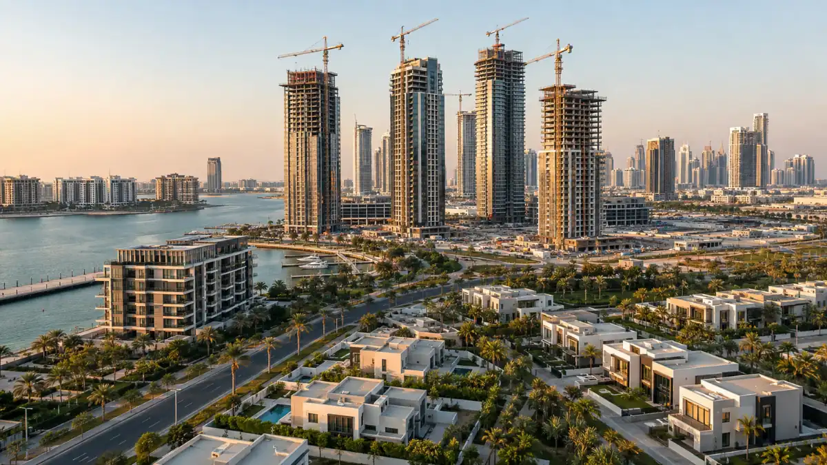 New projects in Dubai featuring luxury waterfront villas and high-rise residential towers under construction.
