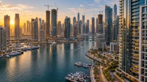 Off plan property Dubai Marina featuring luxury waterfront apartments, modern skyscrapers and marina views in Dubai.