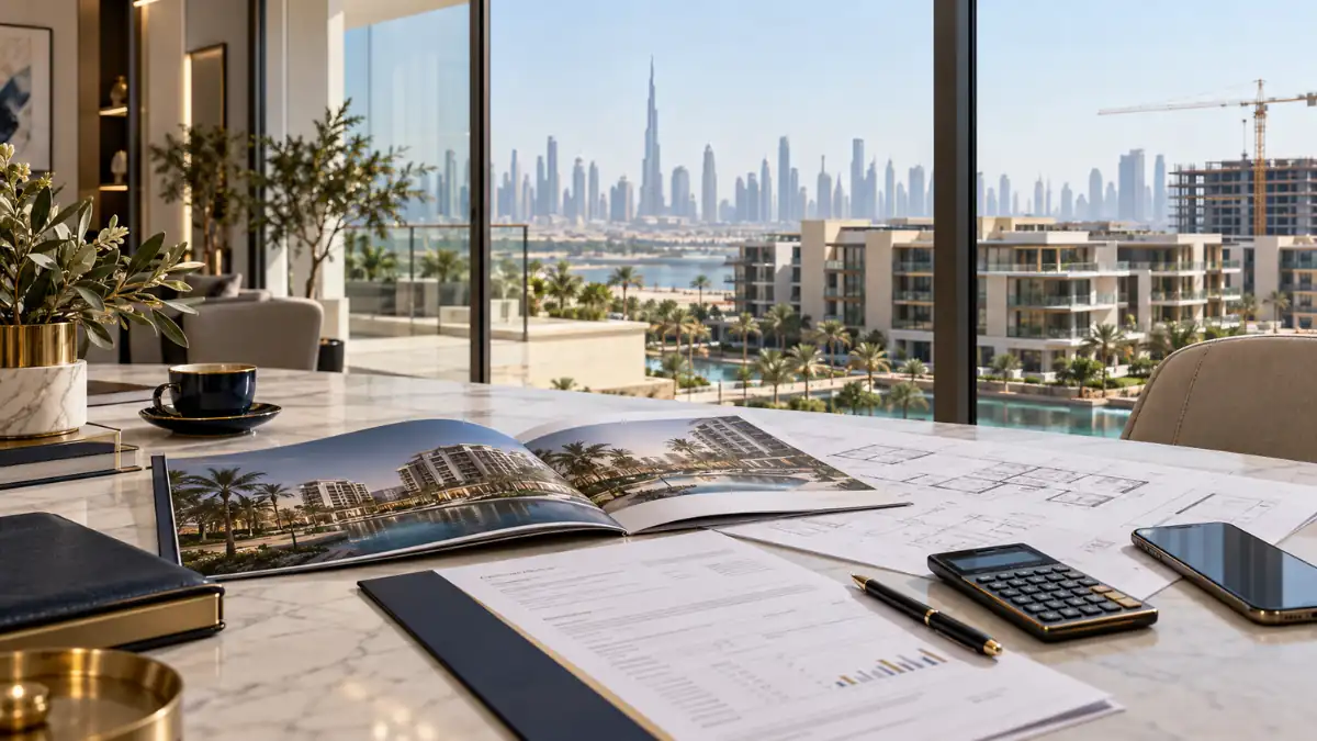 Off plan property mortgage in Dubai with architectural plans and property documents overlooking Dubai’s modern skyline.