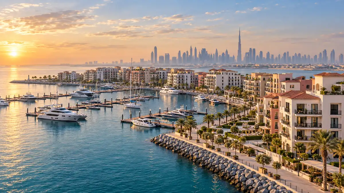 Port de La Mer Dubai waterfront featuring luxury residences, a yacht marina and views of the Dubai skyline at sunset.