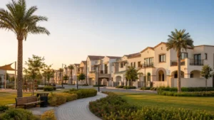 Luxury villas in Villanova Dubai with landscaped green spaces, palm trees and family-friendly residential surroundings.