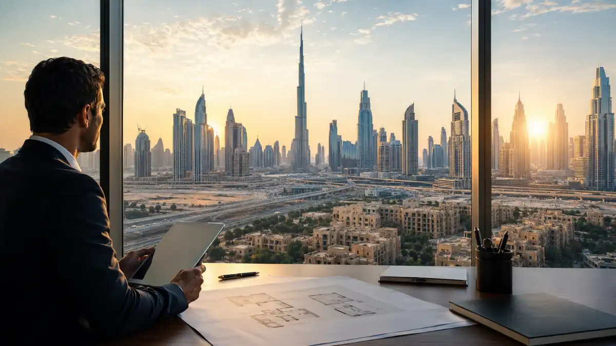 Who owns Dubai – businessman overlooking the Dubai skyline and Burj Khalifa from a modern office at sunset.