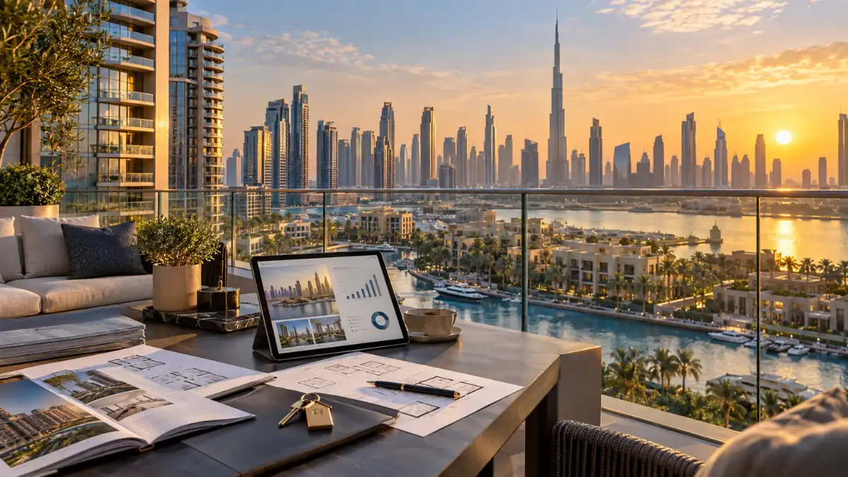 Why Dubai real estate attracts investors – luxury property overlooking the Dubai skyline and Burj Khalifa at sunset.